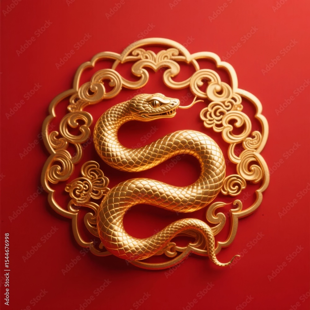 Obraz premium Golden Snake Coiled within Ornate Frame on Red Background