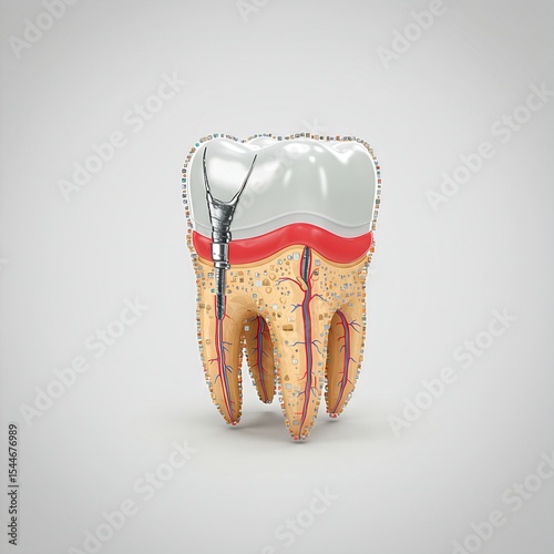  a human molar tooth with a large silver amalgam filling and significant decay within the tooth structure, emphasizing the extent of damage and need for treatment, against a light background.
