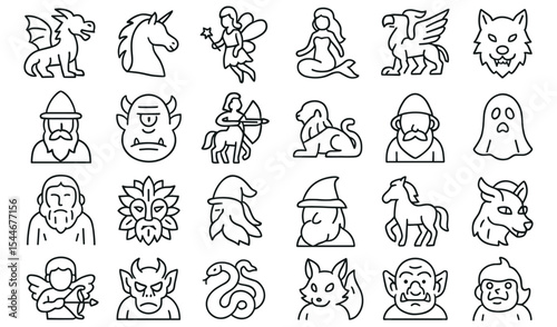 Simple line drawings illustrate a variety of mythological creatures and fairytale characters set against white