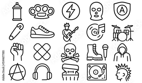 A collection of punk subculture inspired line art drawings evoking themes of rebellion and youth culture