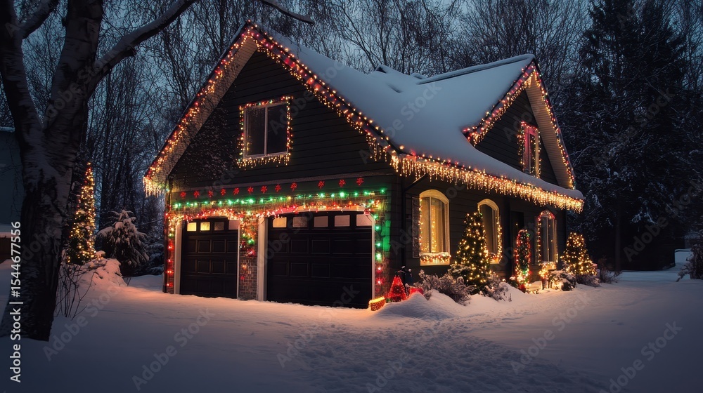 Charming Winter House Adorned with Twinkling Christmas Lights in a Snowy Night Scene Charming Winter House Adorned with Twinkling Christmas Lights in a Snowy Night Scene