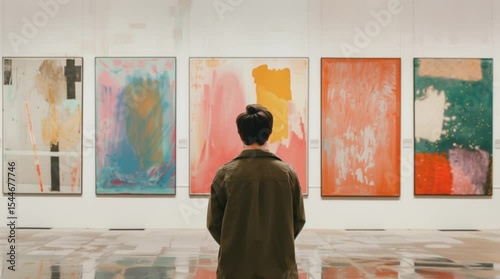 Person admiring colorful abstract paintings in modern art gallery exhibition.