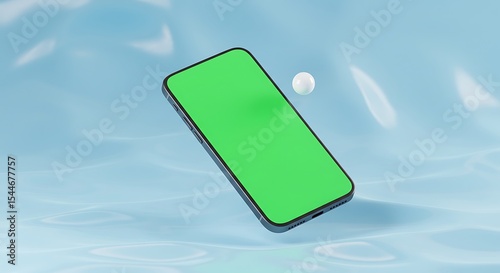 Floating Smartphone Mockup Green Screen, Water Background photo