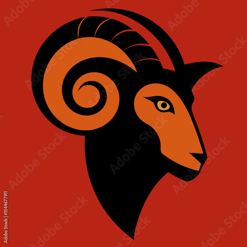 Stylized ram head profile on red background