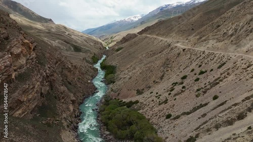 Aerial drone above  Wakhan Valley Corridor, Pamir mountains ,  Badakhshan province of Afghanistan and  Gorno-Badakhshan Autonomous Region of Tajikistan