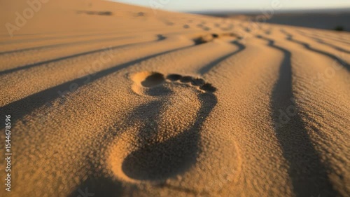 detailed human footprint is deeply impressed in the golden desert sand with long shadows from rippling dunes stretching into the distance.