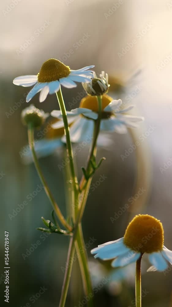 Cluster of tender white daisies with vivid yellow hearts blooming among lush greenery in sunlight