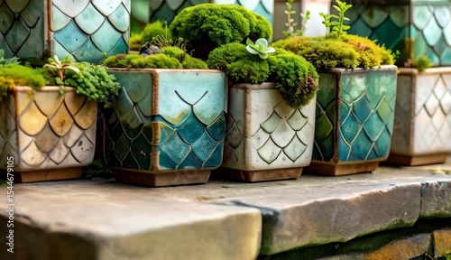 Beautiful Succulents and Moss in Artistic Ceramic Pots A vibrant collection of miniature plants