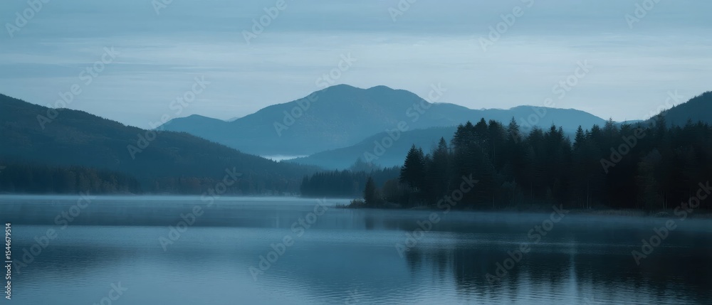 Fototapeta premium Calm Lake Surrounded by Forest and Distant Mountains Under a Gray Sky
