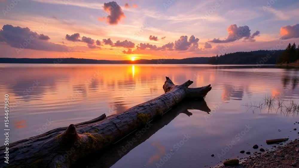 A serene lake at sunset, reflecting vibrant colors in the water with a log resting on the shore and gentle ripples forming.