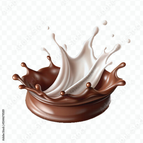 realistic 3d smooth liquid chocolate with white milk splash  in different style isolated on transparent background