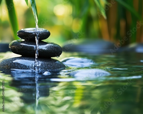 Tranquil Bamboo Oasis: Serene Spa Stones Surrounded by Flowing Water in a Zen Garden