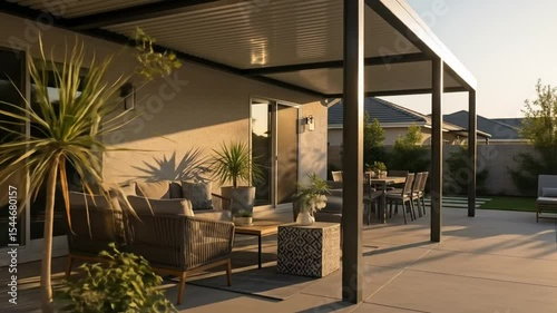 Modern cozy outdoor patio and backyard lounge area with evening sunlight