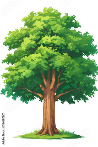 Single green tree with vibrant leaves and branches, naturally isolated on a white background