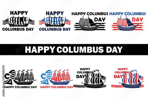 Collection of Happy Columbus Day images feature clipper ships with United States flags, varying slightly