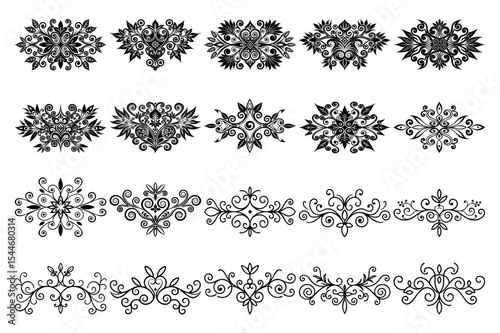 Collection displays fifteen elegant black ornamental floral elements, revealing meticulous curves and leaves, transparent background