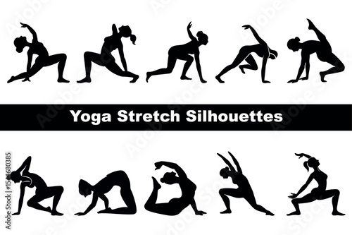 Diverse set of yoga poses, showcasing flexibility and mindfulness in black silhouettes on white