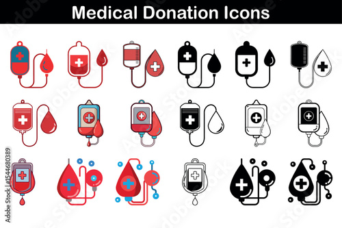 Varied styles of medical blood donation bag icons show healthcare support