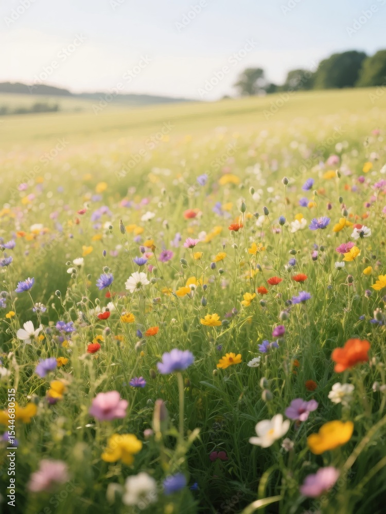 Obraz premium A vibrant meadow filled with colorful wildflowers under a soft, golden light.