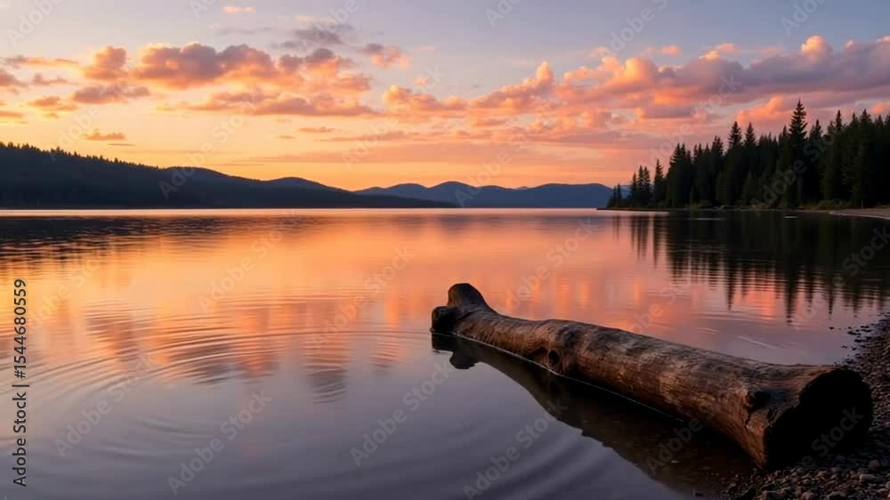A serene lake at sunset, reflecting vibrant colors in the water with a log resting on the shore and gentle ripples forming.