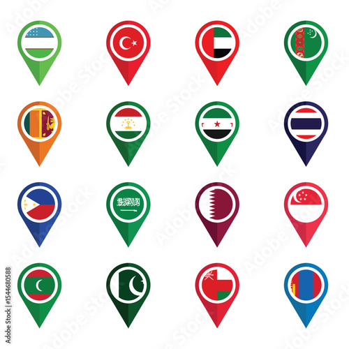 Set of Various Flags with Location Icons