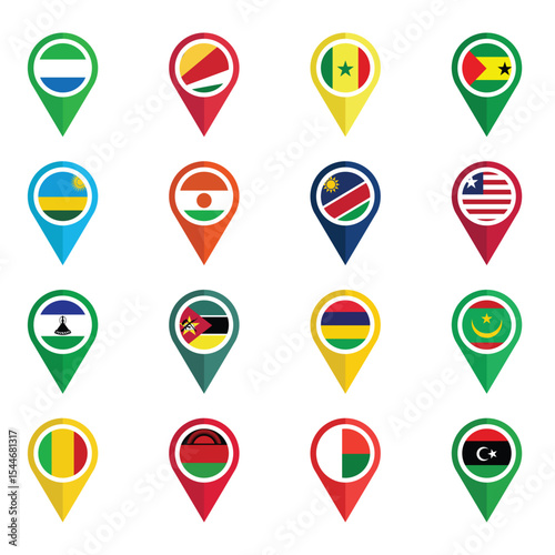 Set of Various Flags with Location Icons