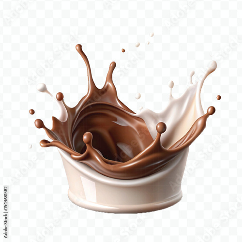 realistic 3d smooth liquid chocolate with white milk splash  in different style isolated on transparent background