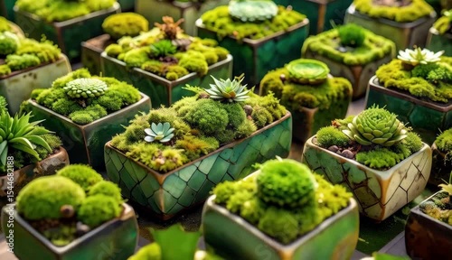 Lush Green Succulents and Moss Terrariums in Elegant Green Pots Beautiful Miniature Garden Displays