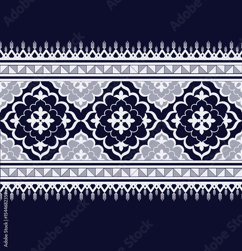 This seamless Ikat-inspired pattern features a traditional Thai floral motif in a sophisticated palette of navy, gray, and white.
Ideal for textile design, digital backgrounds, and home decor projects
