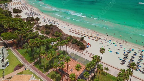 Aerial view of Platja de sa Coma beach in Mallorca, Balearic Islands, Spain.