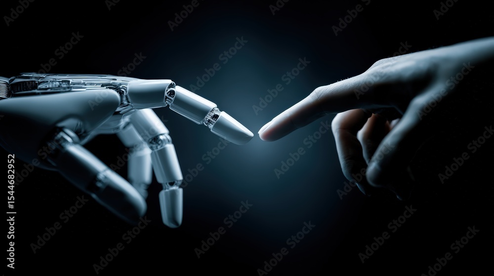 A robotic hand and a human hand nearly touching fingers, symbolizing the connection between technology and humanity. A robotic hand and a human hand nearly touching fingers, symbolizing the connection between technology and humanity.