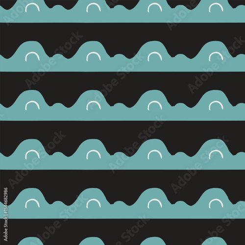 A modern and stylized pattern featuring waves in teal against a black background. This design is perfect for nautical themes.
