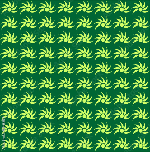 A repeating pattern of abstract lime-green floral bursts on a dark green background, radiating freshness, vitality, and a sense of rhythmic botanical motion.