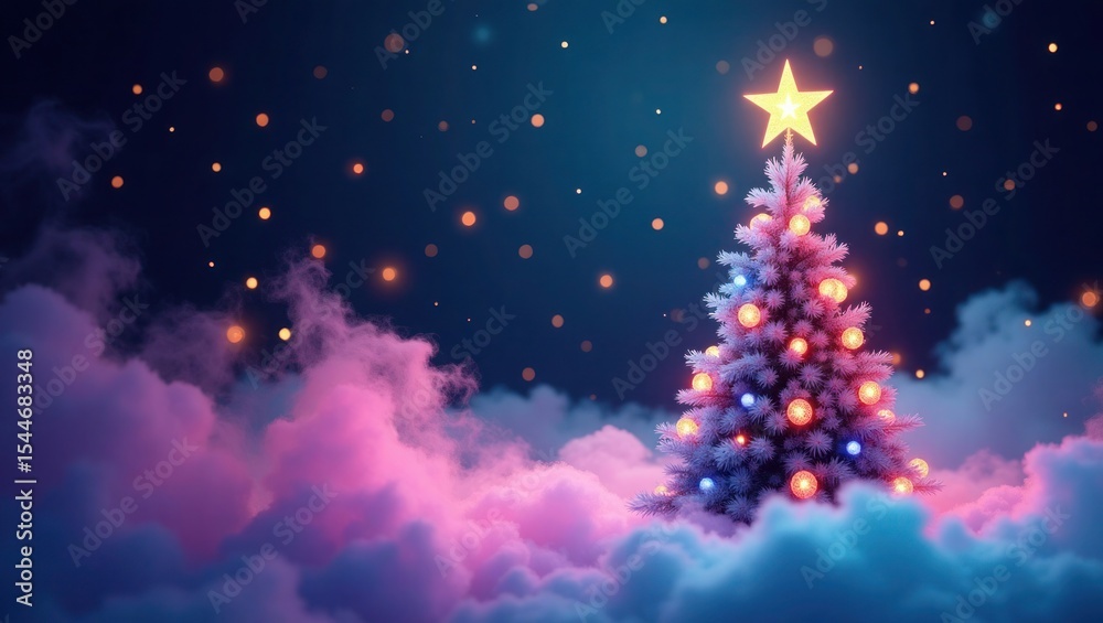 Fototapeta premium Illuminated Christmas Tree in Pink and Blue Cloudscape