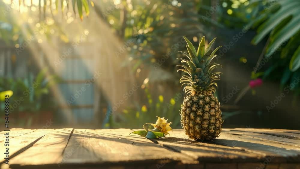 Single pineapple on wooden surface sunlight