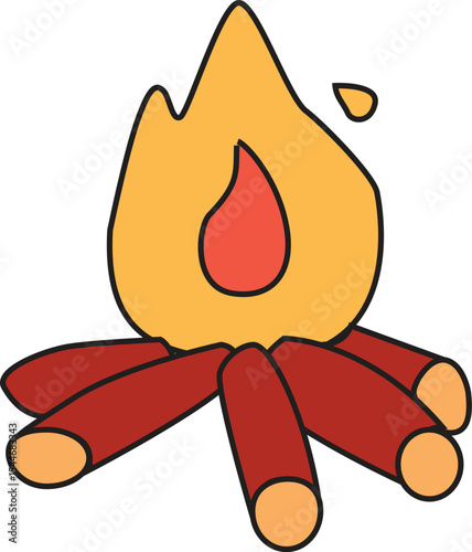 Flat Vector Illustration of Burning Campfire with Firewood Logs for Outdoor Adventure, Camping, Survival, or Bonfire Graphic Design