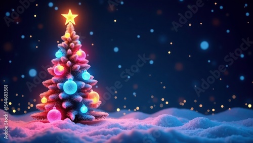 Illuminated Christmas Tree Snowy Night Scene Pink Blue Ornaments