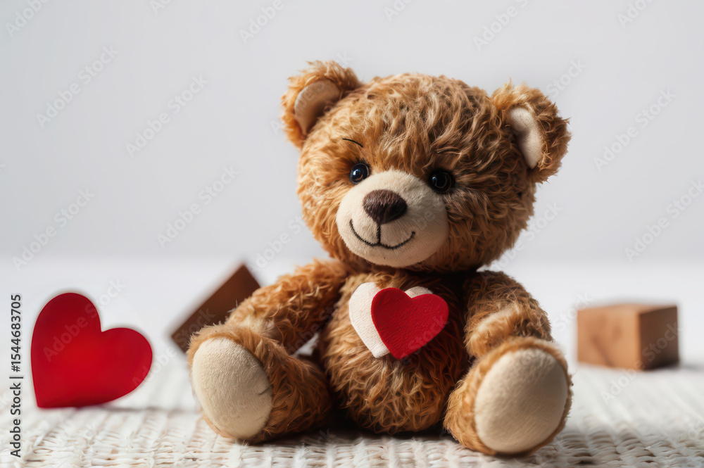 A teddy bear with a red heart on its chest sitting on a white surface with blocks and a heart near it A teddy bear with a red heart on its chest sitting on a white surface with blocks and a heart near it