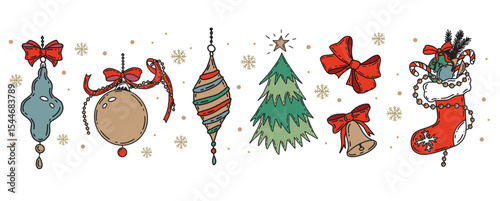 Christmas symbol, ball, tree, toy on white. Hand drawn illustration.	
