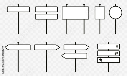 Minimalist blank signpost icon set. Directional and informational roadsign templates for custom text or symbols