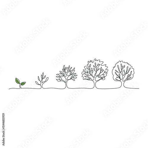 Continuous line drawing depicting the growth cycle of a tree from seedling to maturity