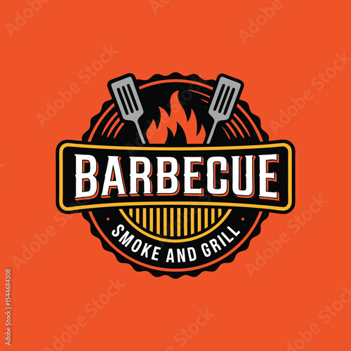 Barbecue Smoke and Grill Vintage Logo with Flames and Spatulas