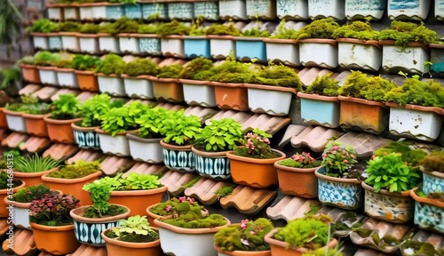 Vibrant Moss and Succulents Planted in Vintage Pots Create a Stunning Vertical Garden