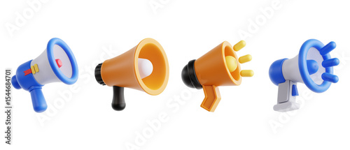 Set of Colorful 3D Megaphone Icons in Blue and Orange Variants