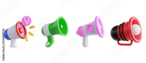 Set of Social Cause 3D Megaphones Including Feminism and Breast Cancer Awareness