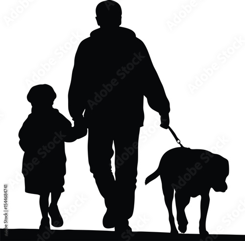 Father, daughter, and dog on a walk: A heartwarming family silhouette.