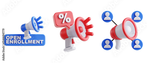 Set of Promotional 3D Megaphones for Marketing, Enrollment, and Discount Alerts