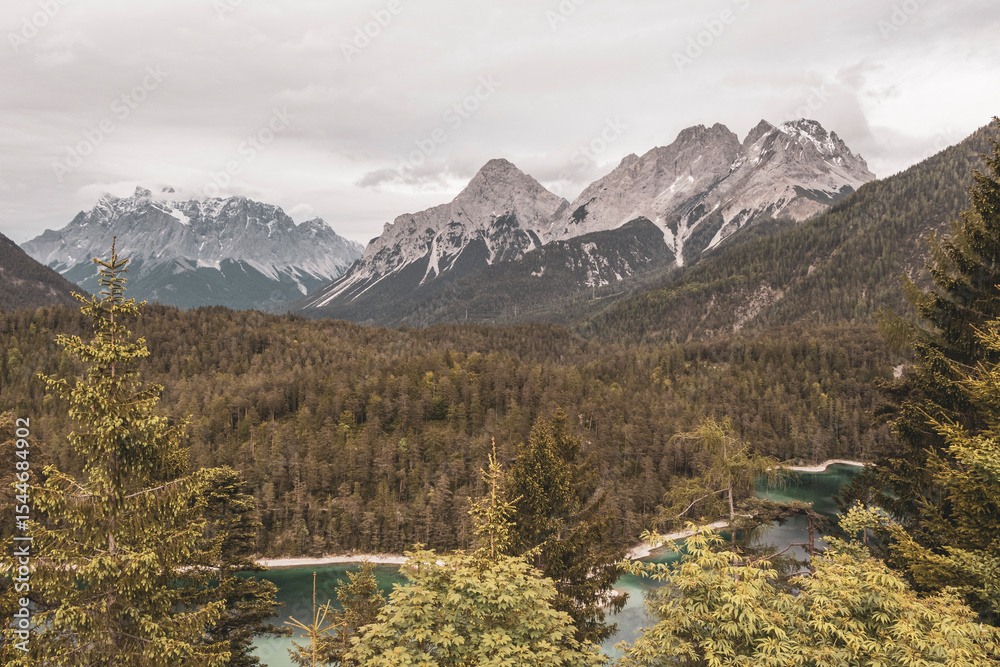 Fototapeta premium Panoramic view Zugspitze mountain alpine landscape in Alps Tyrol Austria.
