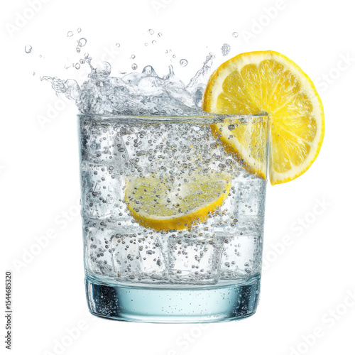 Refreshing lemon water with bubbles splashing in glass, showcasing vibrant lemon slices. Perfect for hydration and summer vibes