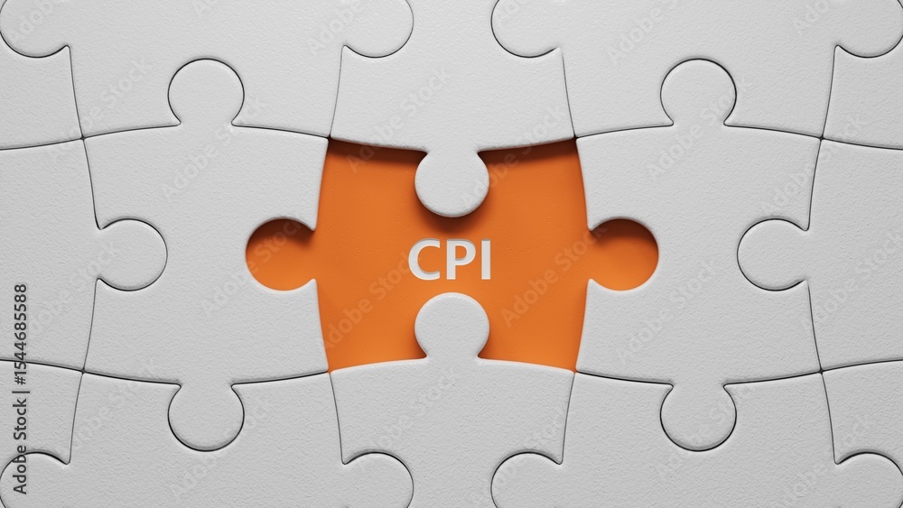 Fototapeta premium Wooden man shows with a hand to white board with text cpi.